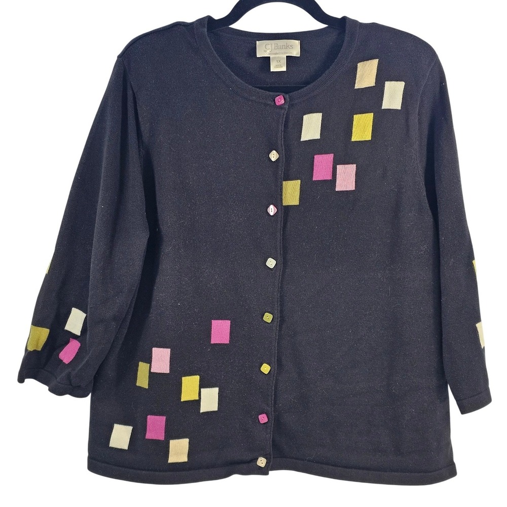 CJ Banks Women 1X Black Cardigan Sweater Colorful Geometric Blocks Buttons